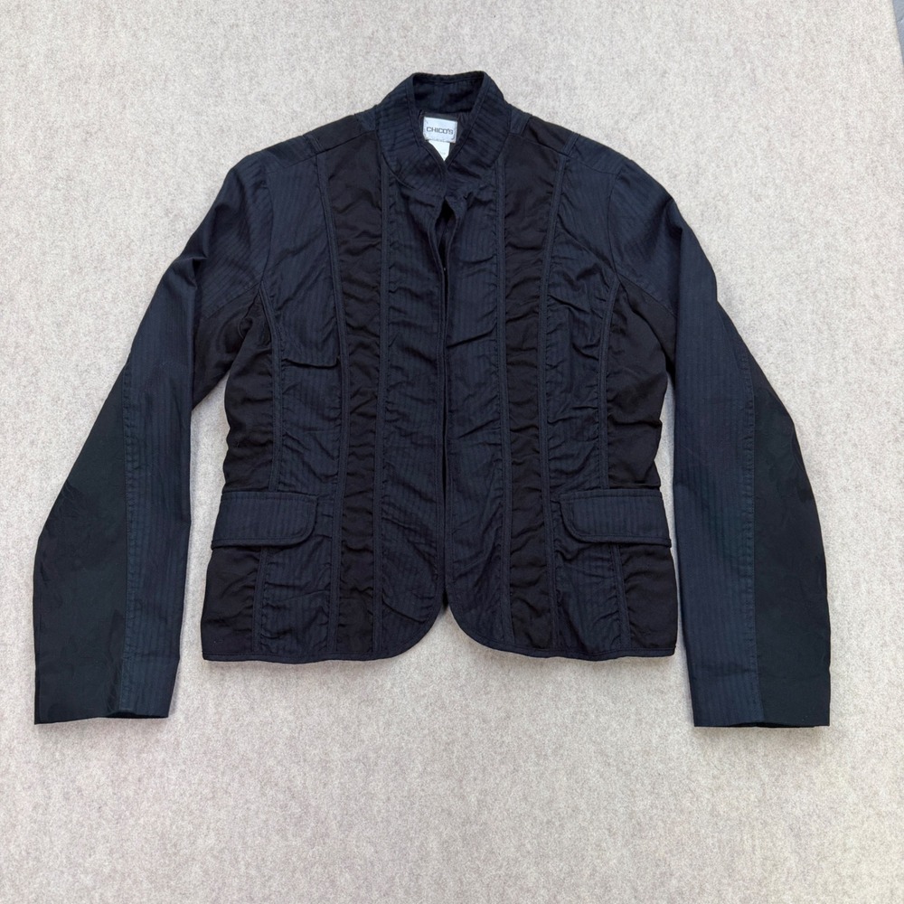 Chico's Ruched Blazer Women Size 1 Black Dark Academia Textured Corporate Goth